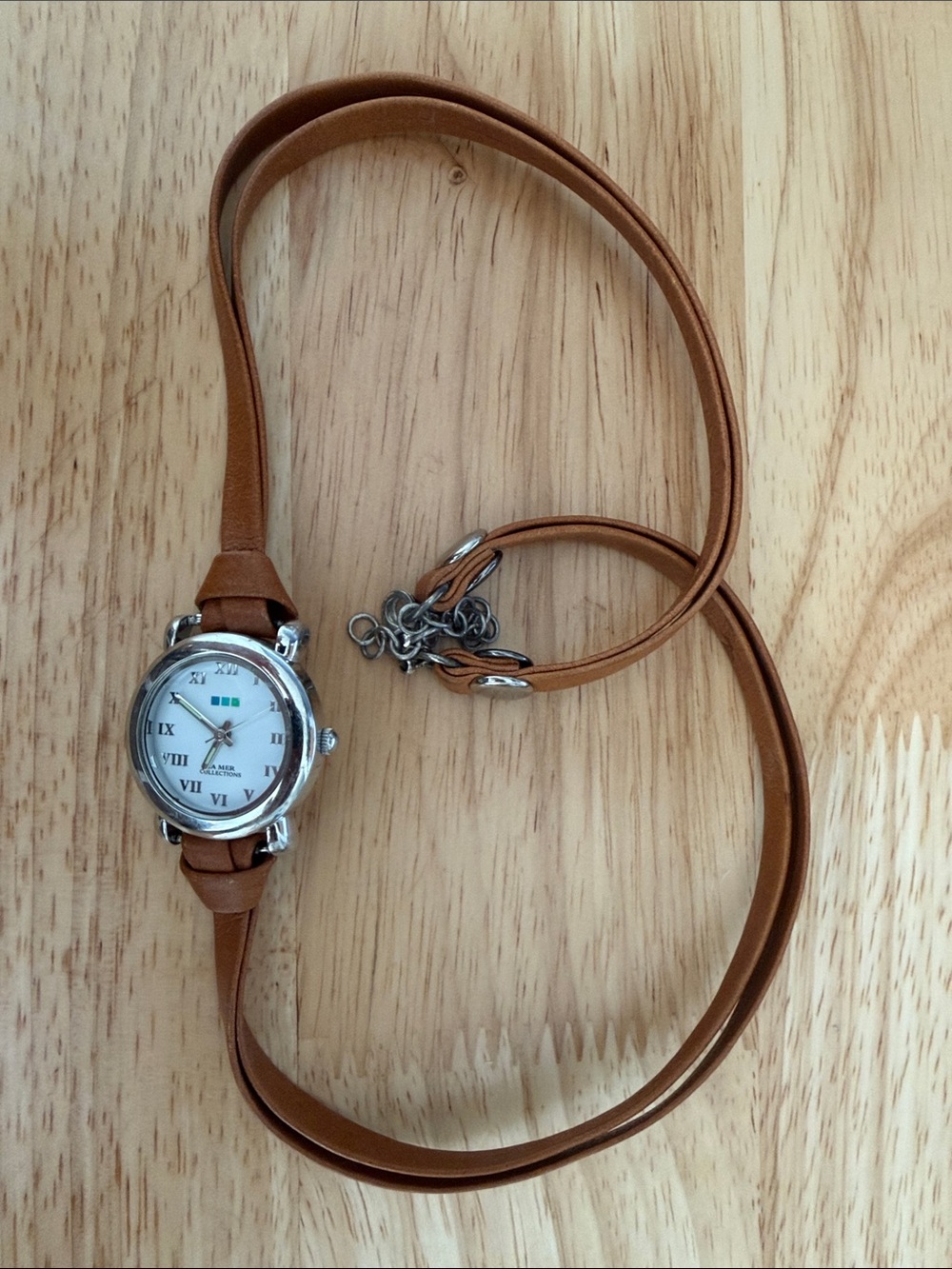 La Mer Brown Leather Wrap Watch with White Dial and Silver Case